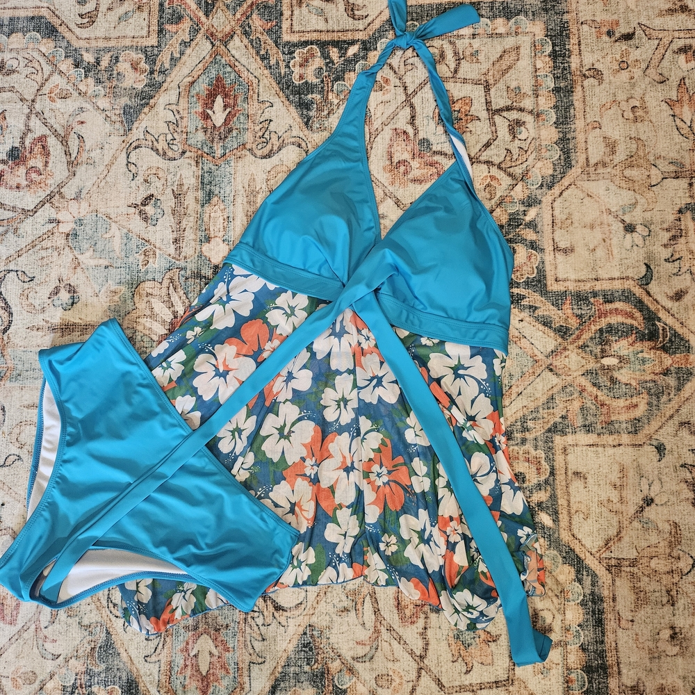 Bright Blue Floral Womens Tankini Set - Plus Size